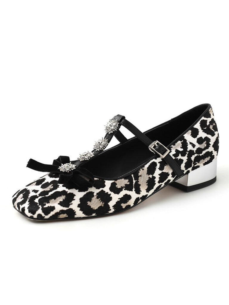 Flat Heel Leopard Square Toe T-strap Rhinestone Vintage Shoes