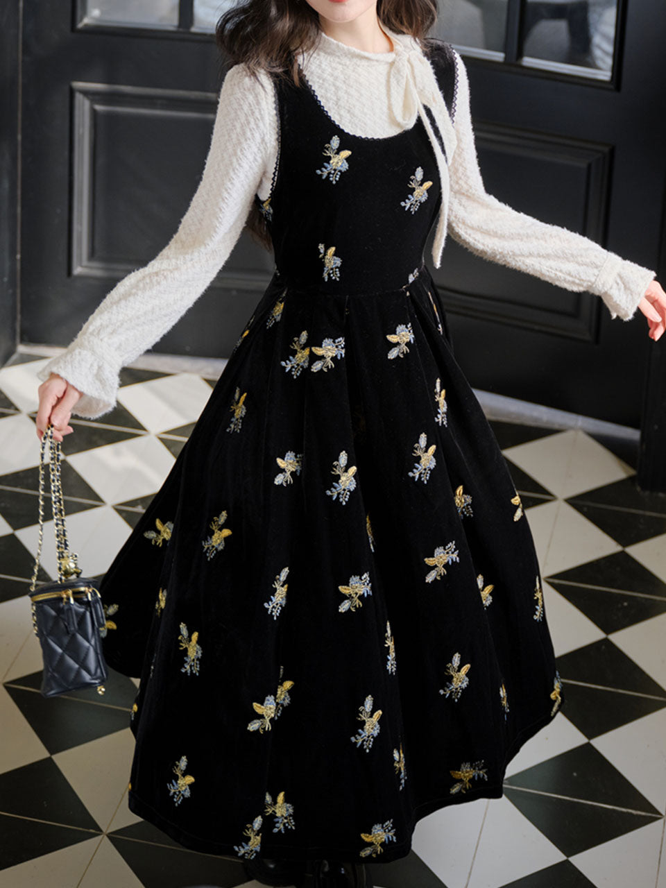 Two-Piece Set White Brushed-Lace Sweater and Black Floral Embroidered Velvet Dress