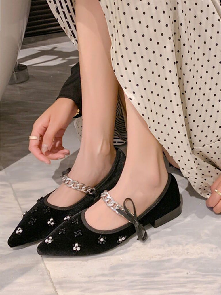 Flat Heel Pointed Toe Hollow Belt Velvet Pearl Vintage Shoes