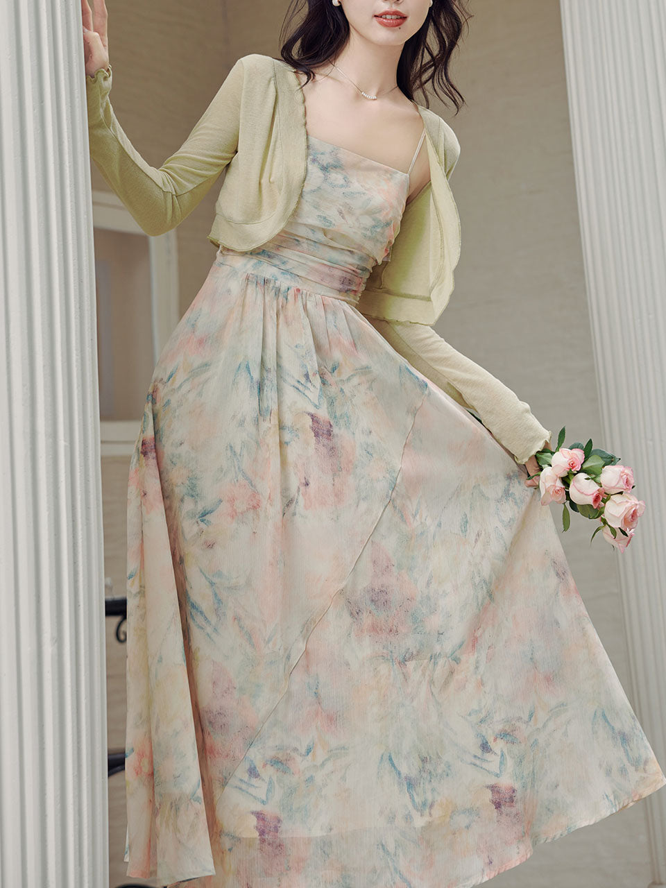 2PS Light Pink Floral Print Spaghetti Strap Dress