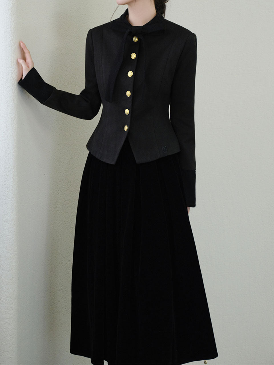 Black Bowknot Collar Gold Buttons Winter Coat and Black Skirt Vintage Set