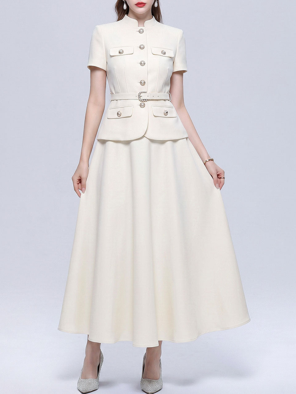 Elegance Baby Blue Short Sleeve Skirt Suit Set Elegant Work Midi Dress