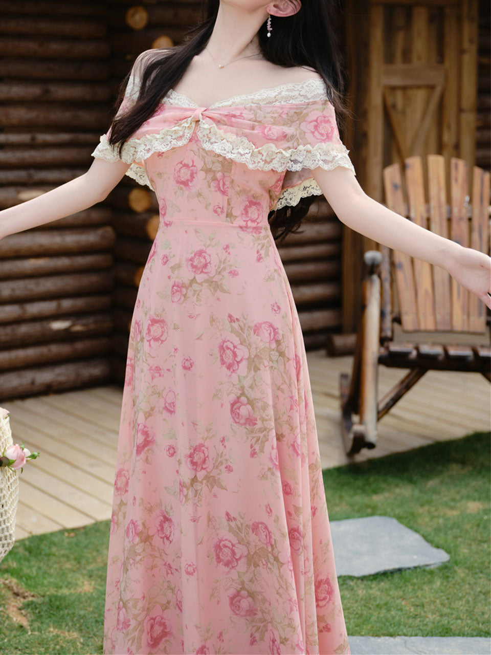 Pink Floral Rose Off Shoulder Lace Georgette Dress