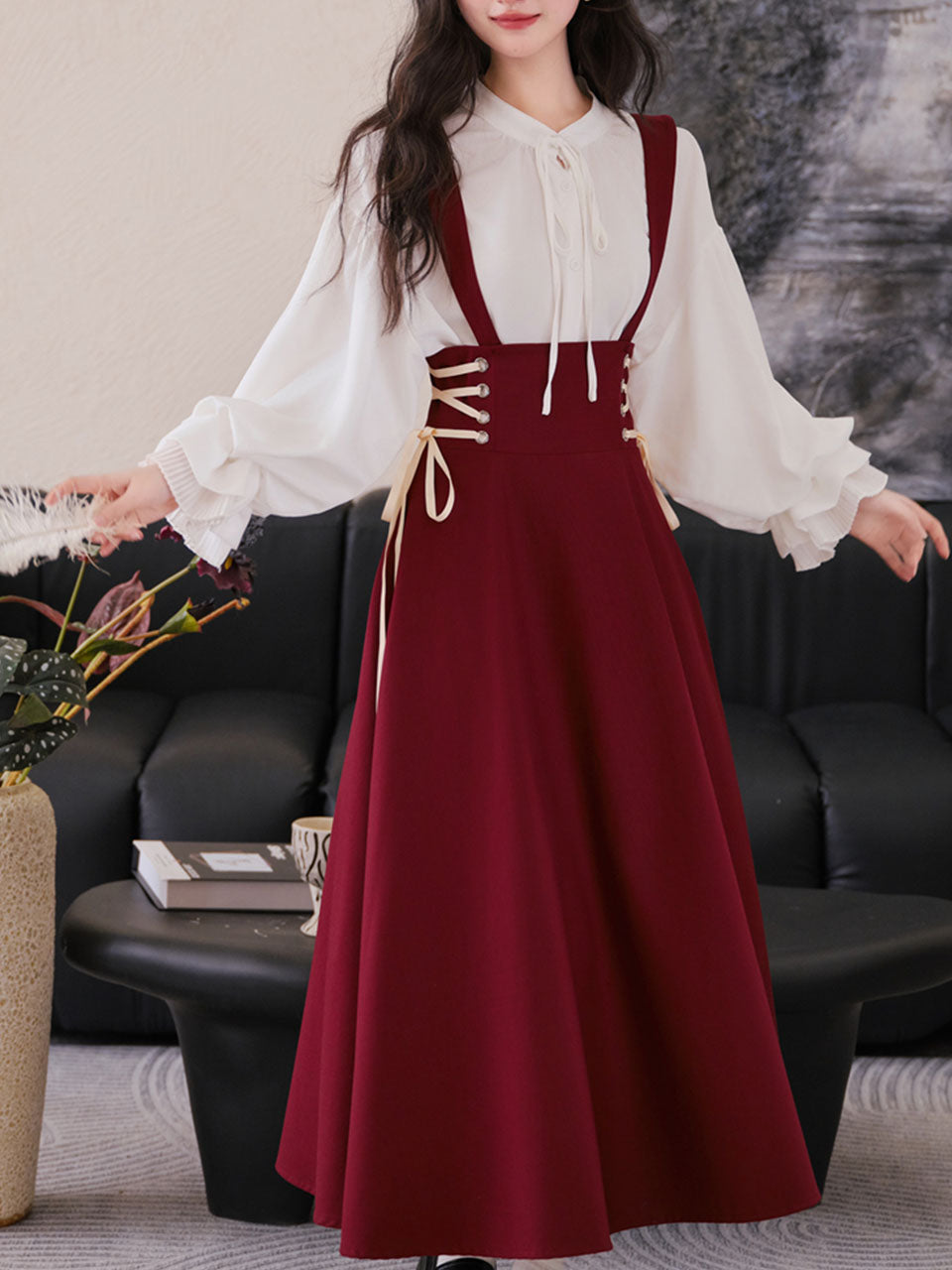 2PS White Long Sleeve Blouse And Red Supender Skirt Dress Set
