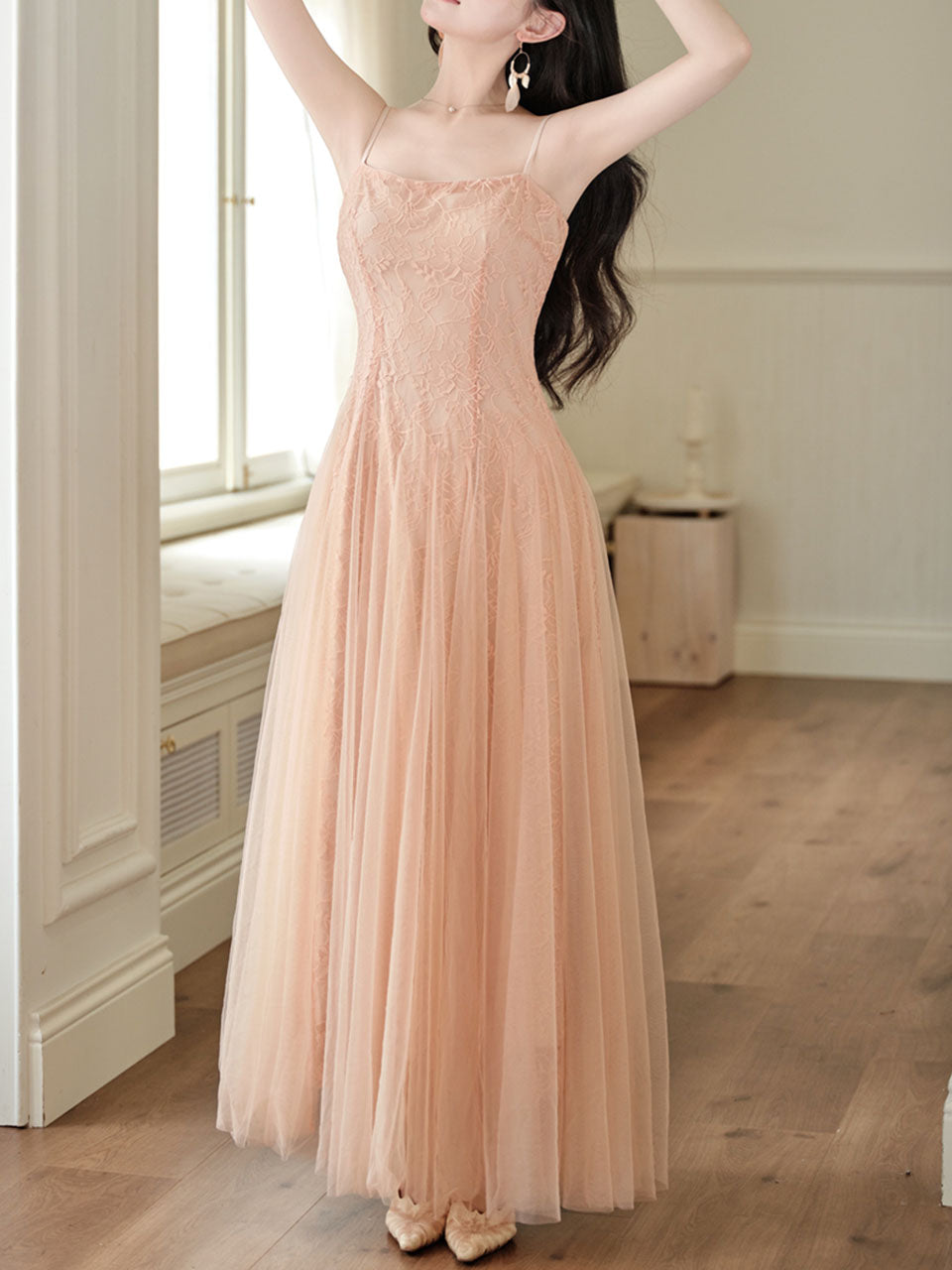 Balletcore Style Pink Mesh Flared Spaghetti Strap Maxi Dress