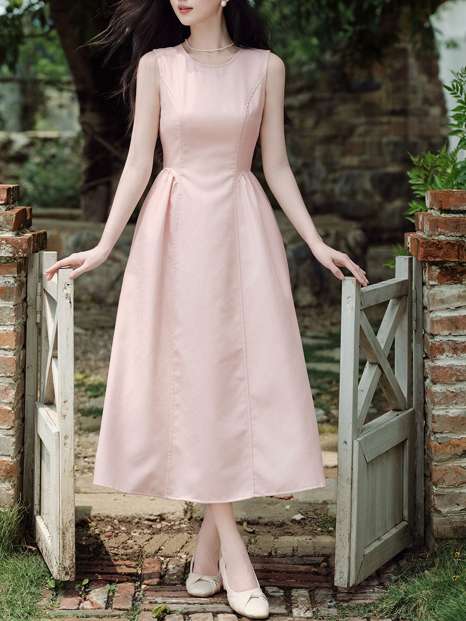 Pink Crew Neck Audrey Hepburn Inspired Vintage Dress