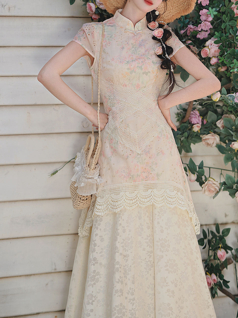 Pink Pastel Floral Lace Cheongsam Dress