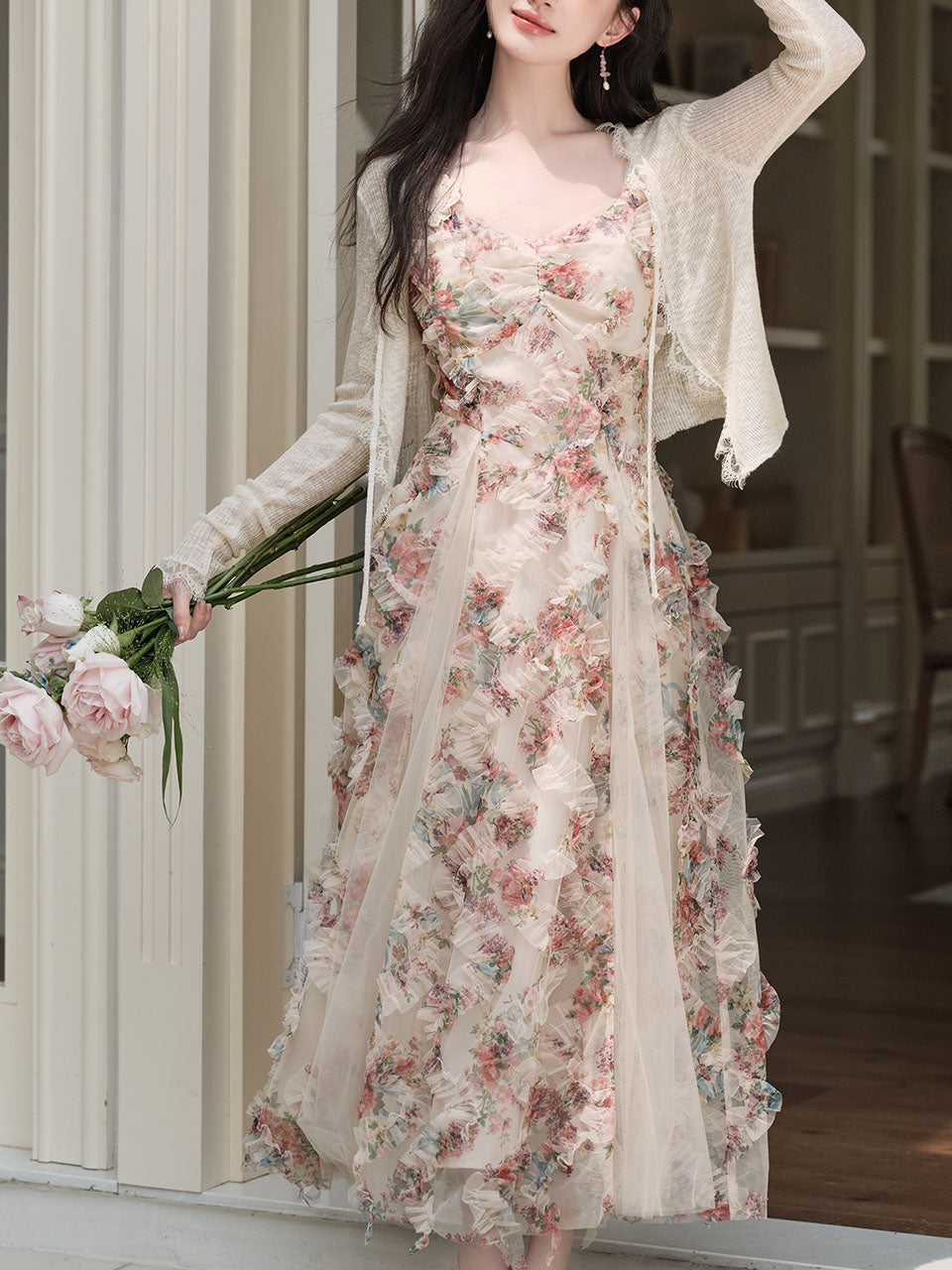 2PS Pink Spaghetti Strap Floral Mesh Ruffles Fairycore Dress