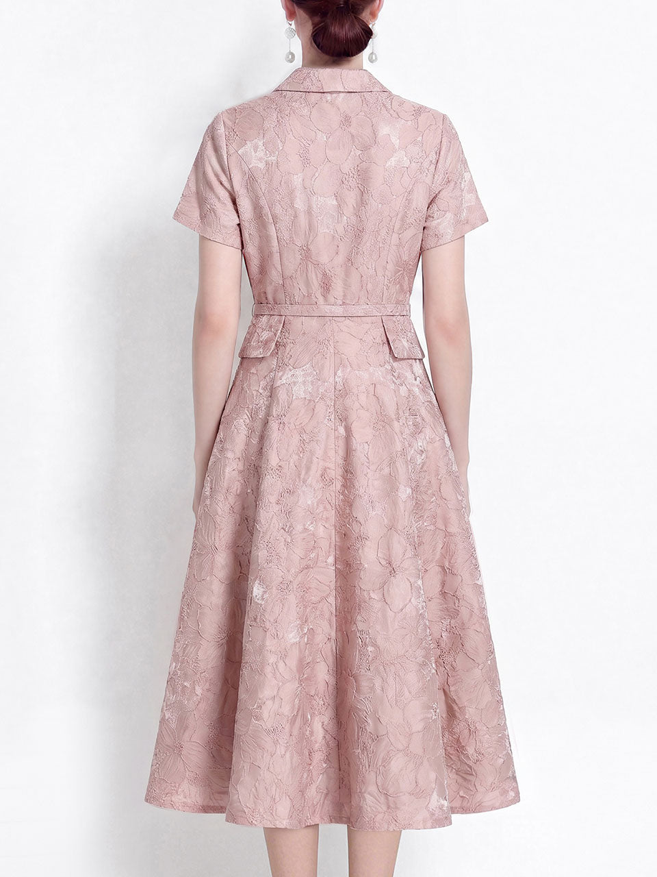 Pink Jacquard Elegant Embossed Floral Shirt Dress