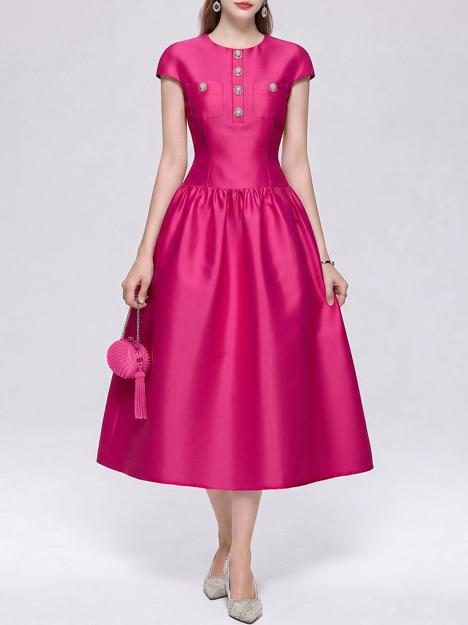 Fuchsia Satin Cap Sleeve Cocktail Midi Dress