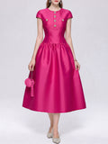 Fuchsia Satin Cap Sleeve Cocktail Midi Dress