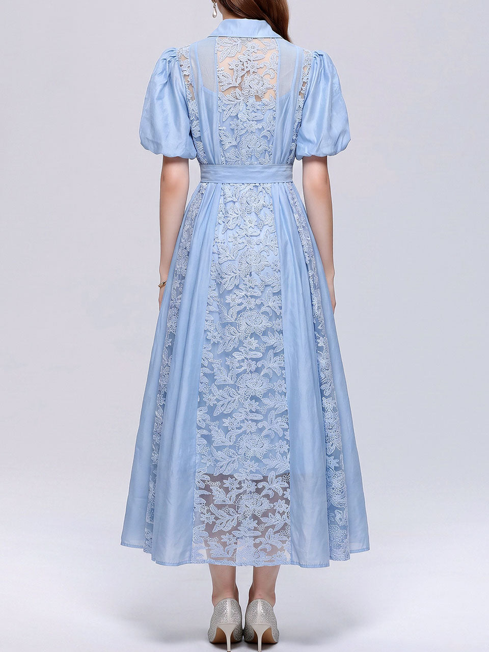 Pink Floral Lace Puff Short Sleeves A-Line Midi  Shirt Dress