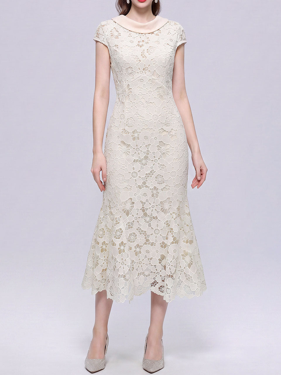 Cream Lace Mermaid Cowl Neck Midi Dress for Wedding