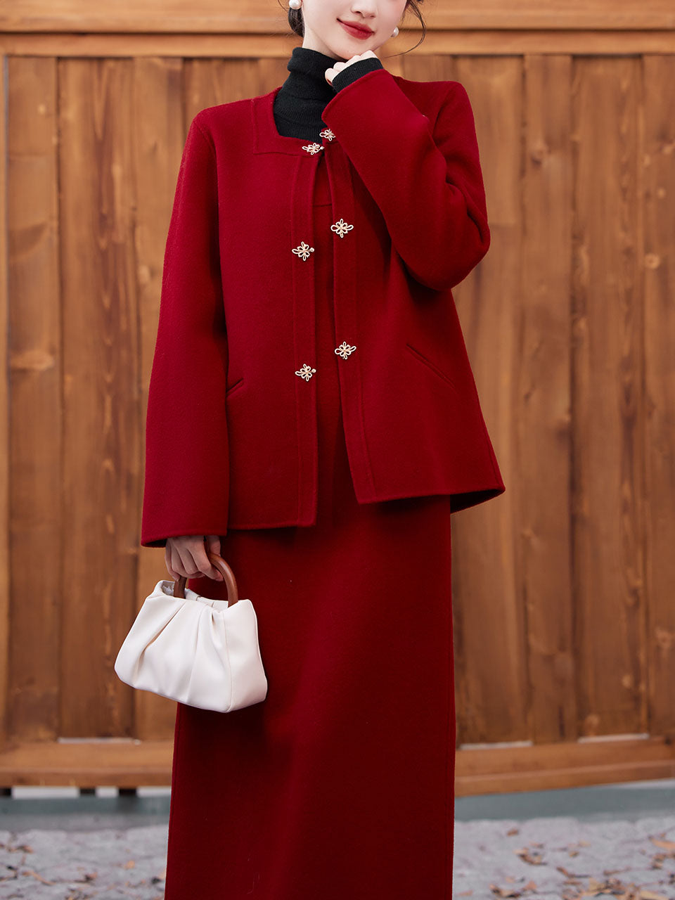 2PS Red Round Collar Long Sleeve Wool Coat