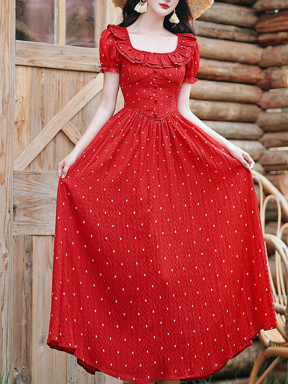 1950S Vintage Red Polka Dots Square Collar Swing Dress