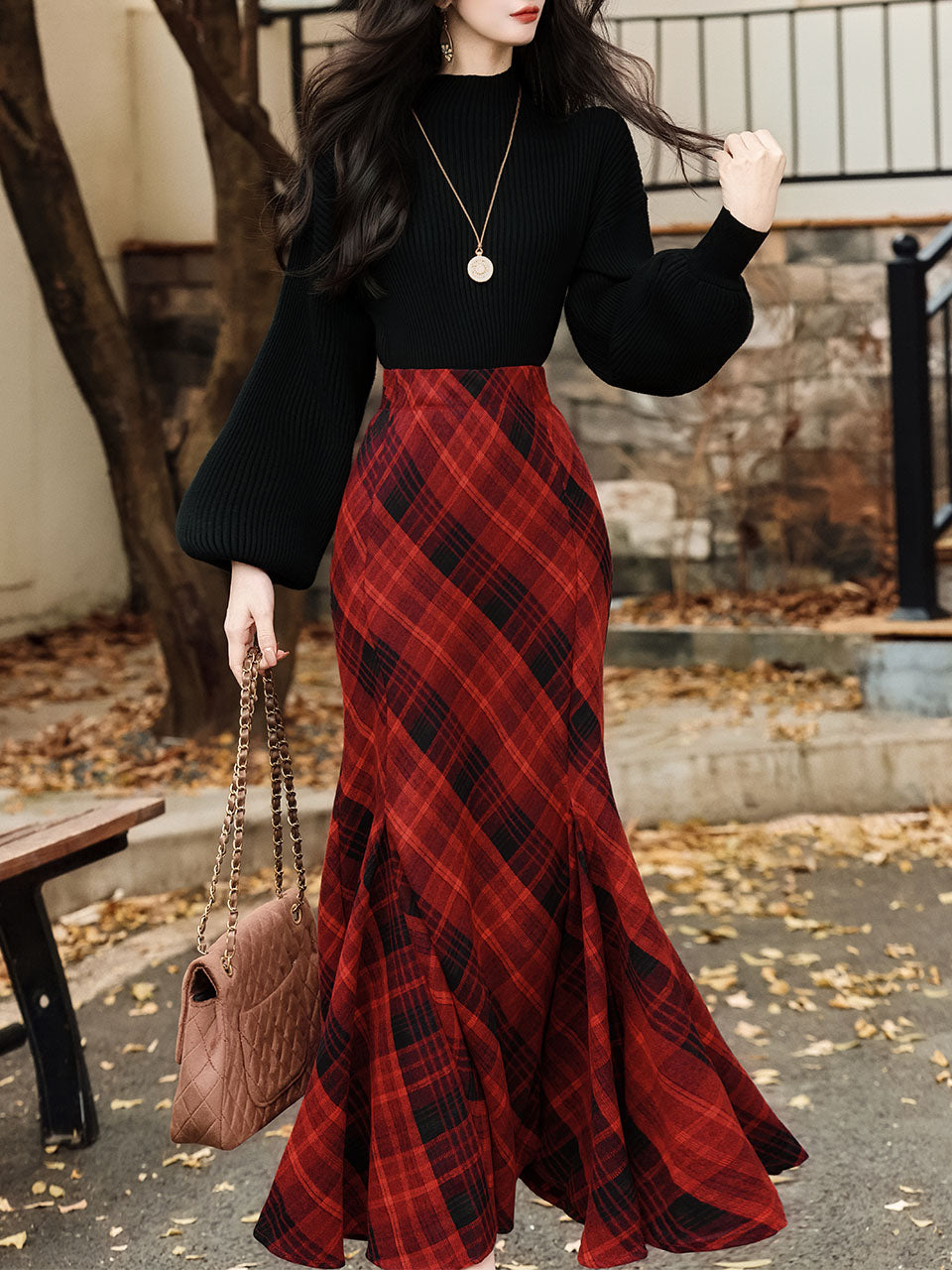 2PS Black Sweater And Red Plaid Fishtail Skirt 1950S Vintage Audrey Hepburn's Style Outfits
