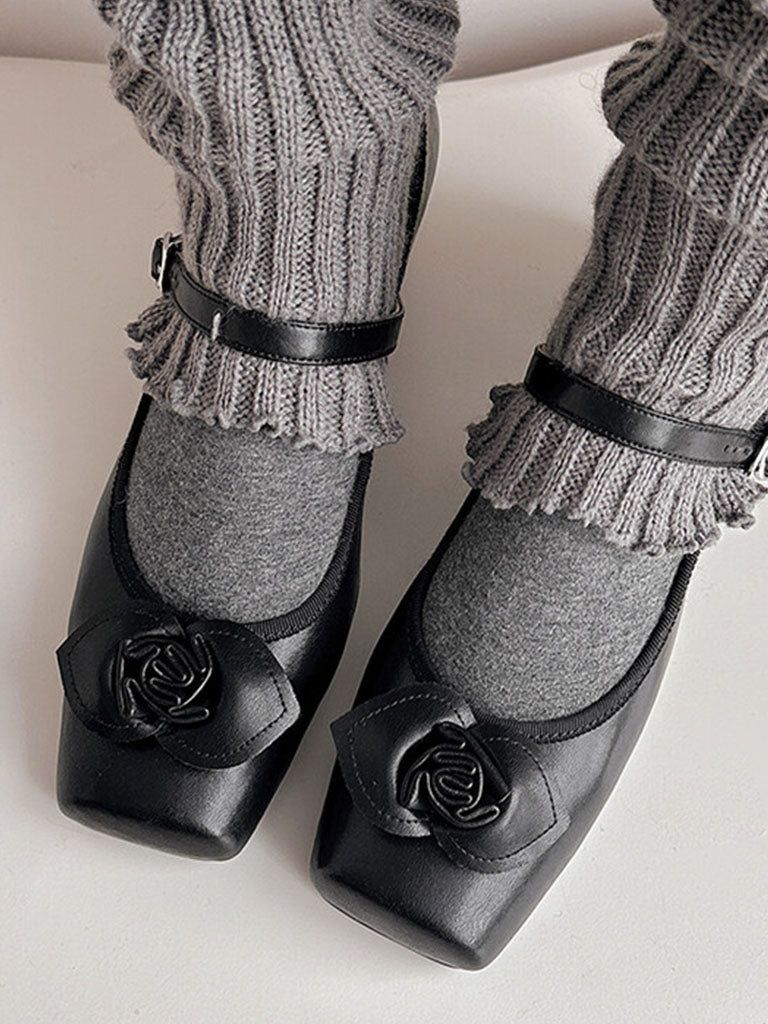 Chunky Heels Square Toe Rose Vintage Ballerina Shoes