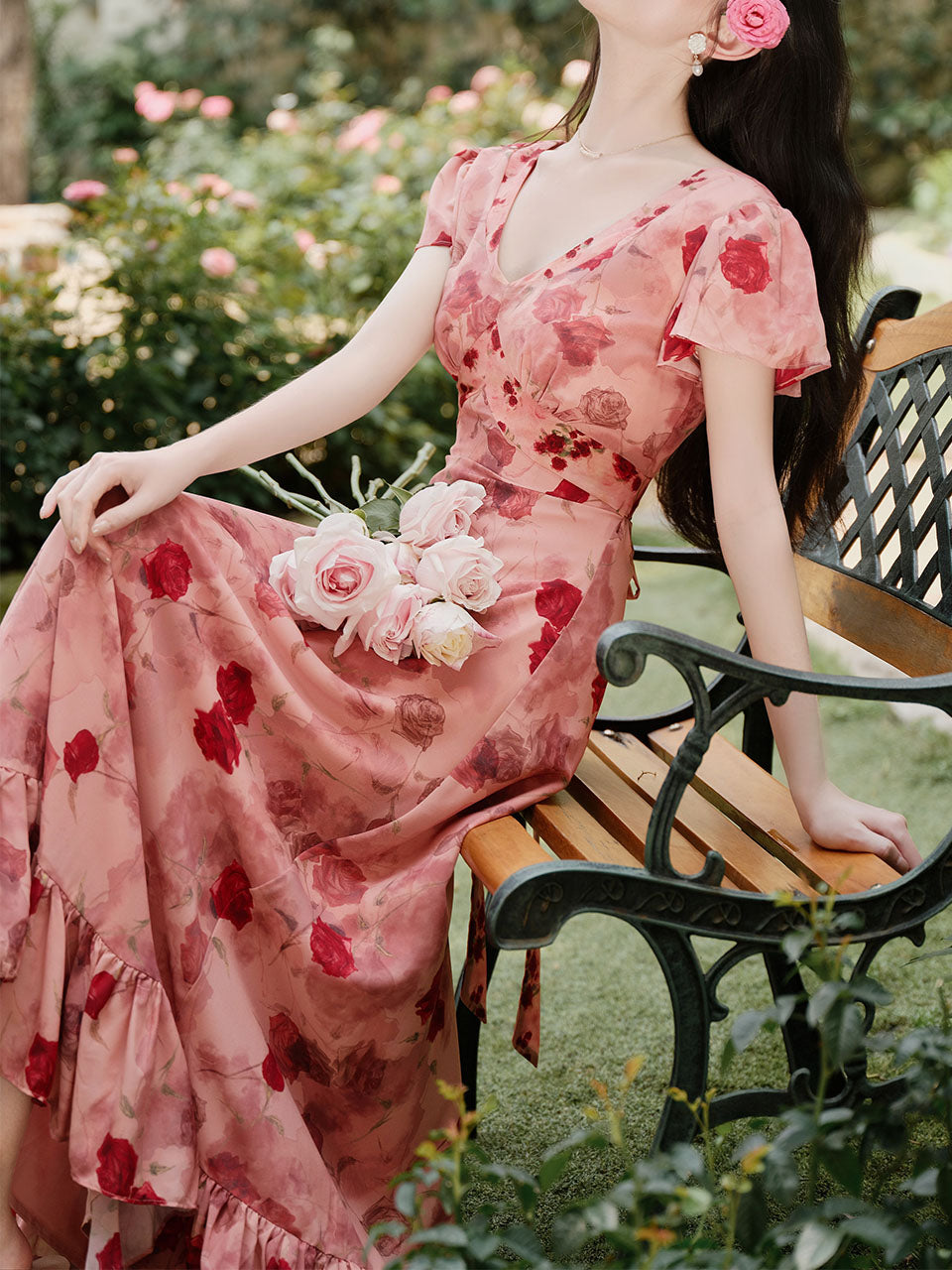 Pink V Neck Rose Print Vintage Dress