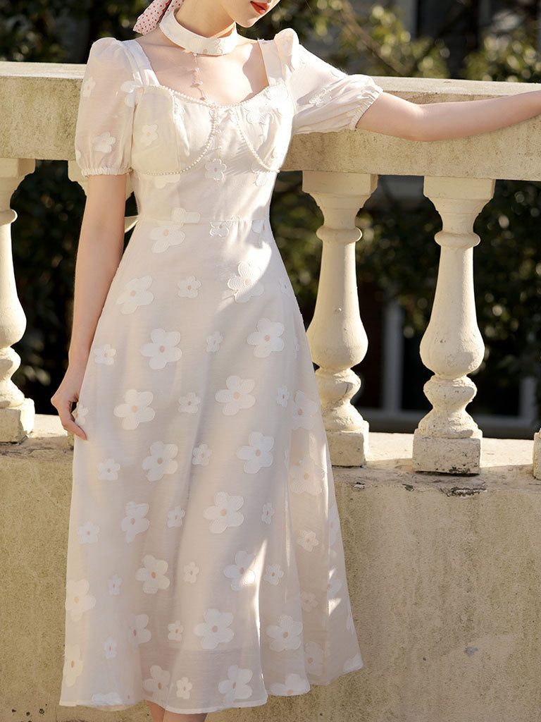 White Daisy Pearl Puff Sleeves 50S Vintage Dress