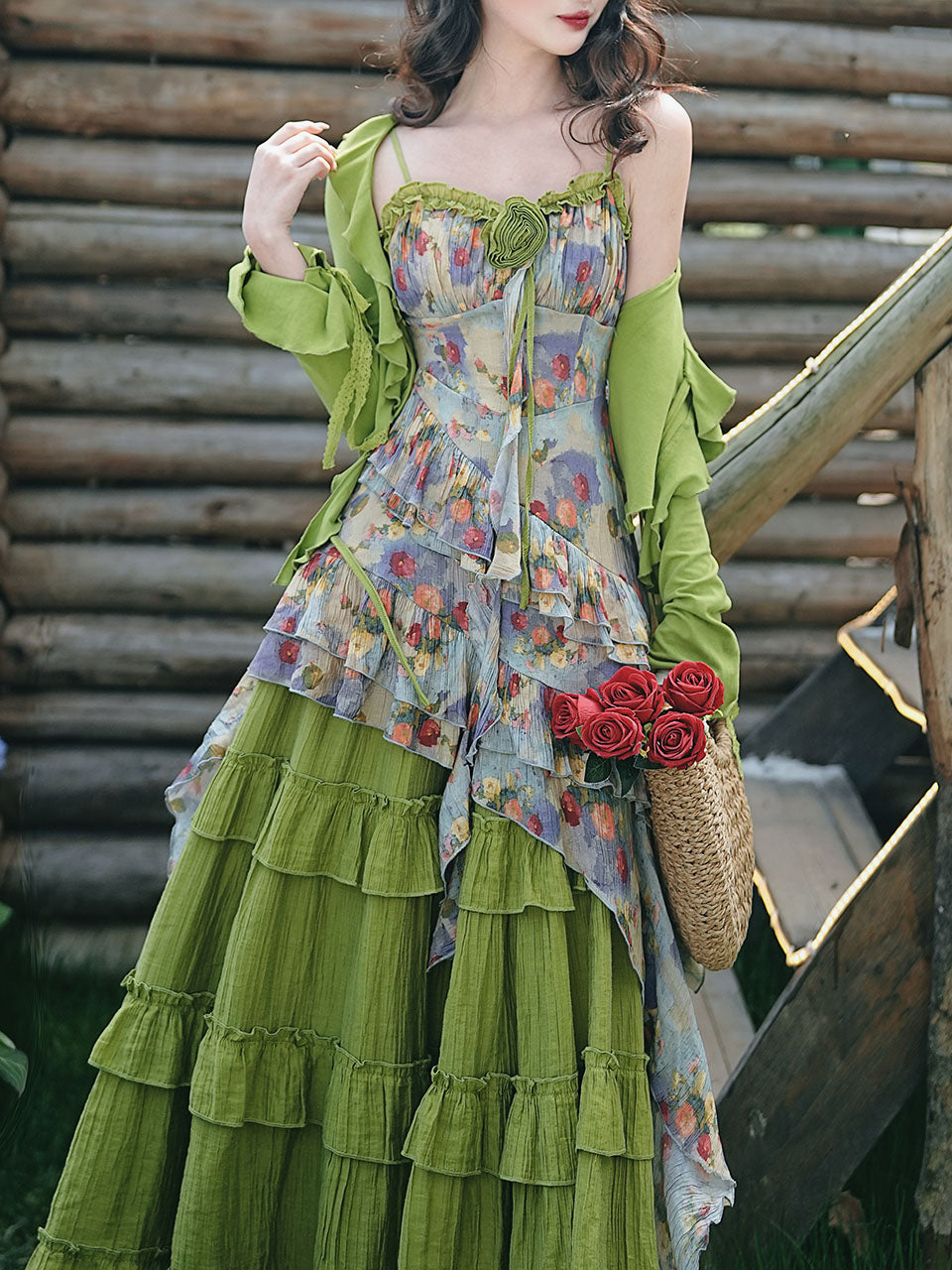 2PS Boho Gypsy Floral Asymmetrical Maxi Dress Whimsical Green Crinkled Tiered Ruffle Dress for Festival