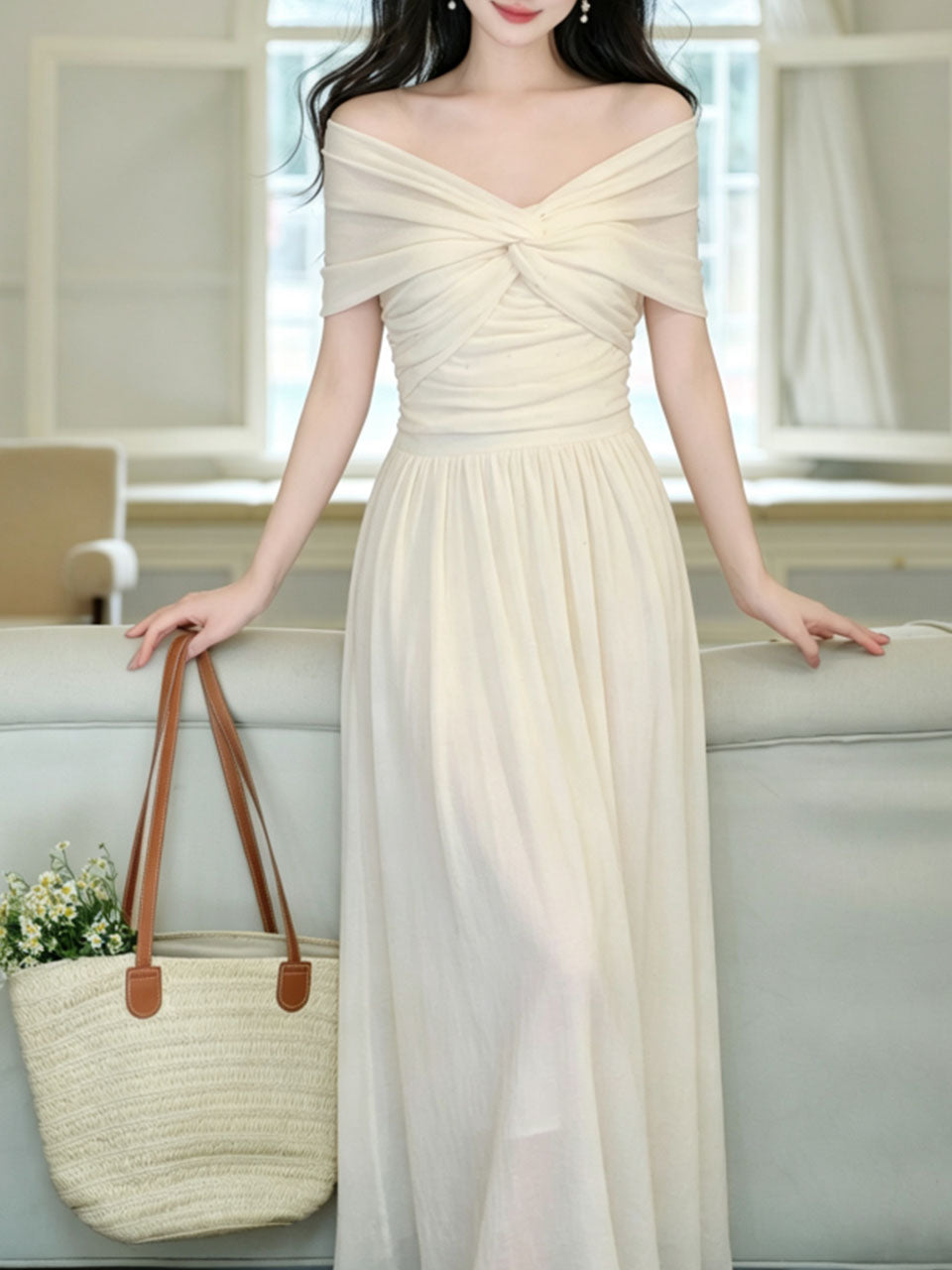 White Off Shoulder Sweetheart Vintage Wedding Maxi Dress