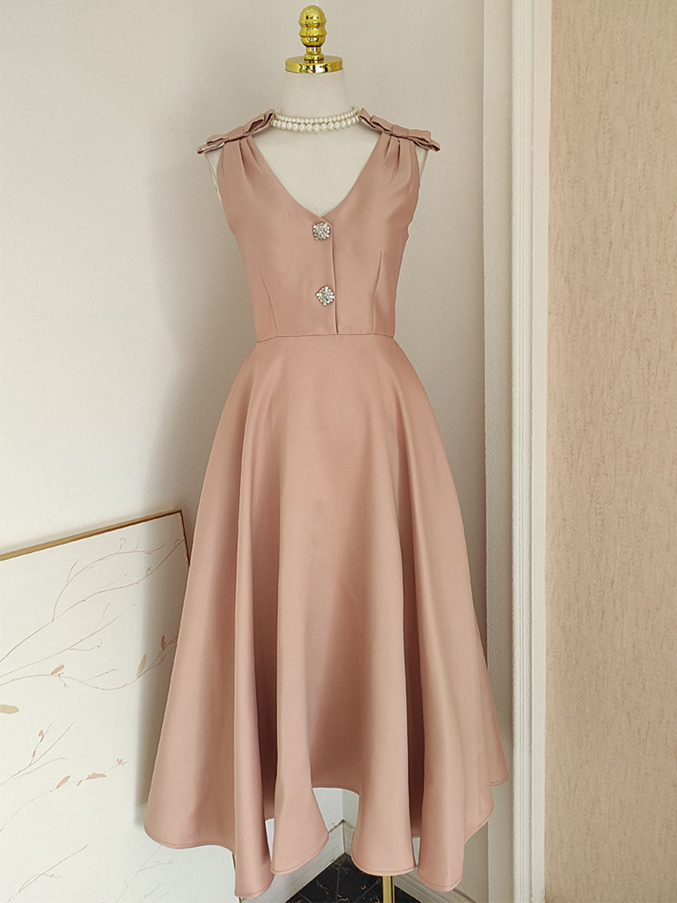 Rose Luxury Button V Neck High Waist Swing Party Dress