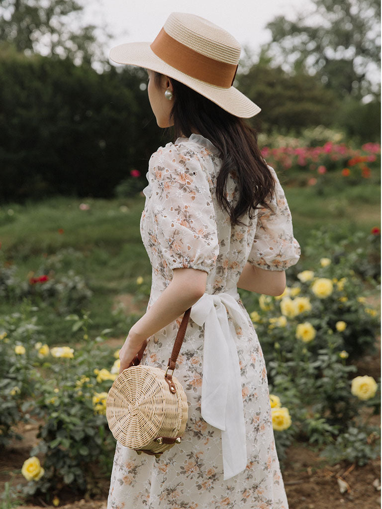 Floral Embroidered Lace Puffed Sleeve Chiffion Vintage Dress