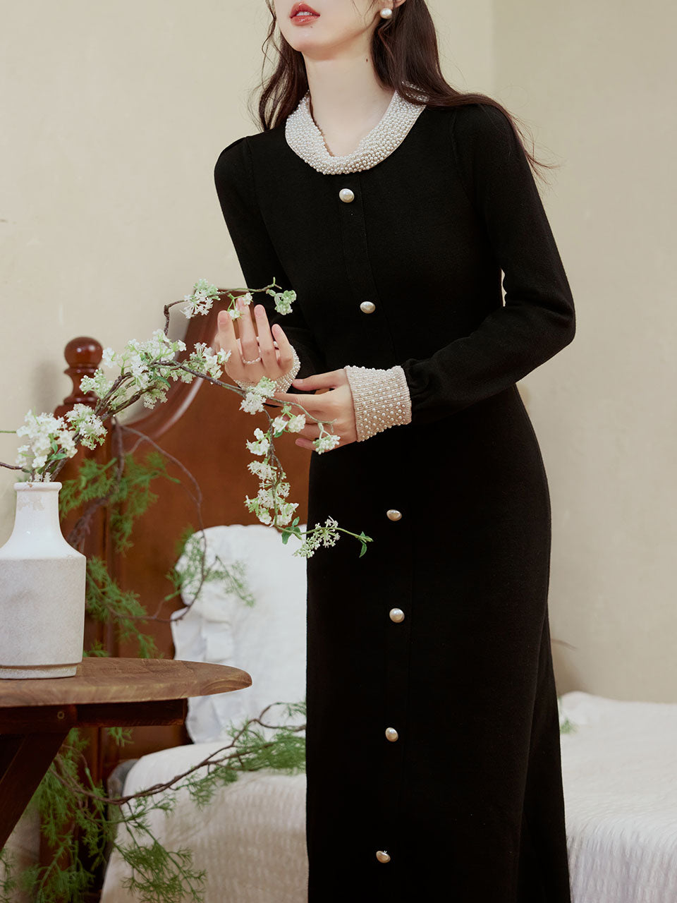 Handmade Pearl Hepburn Style Knitted Little Black Dress