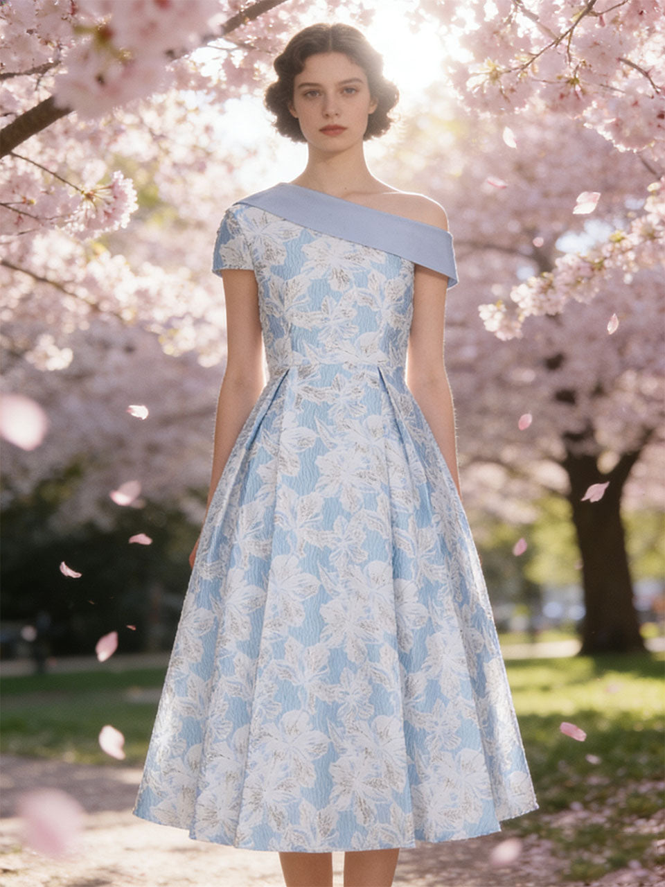 Baby Blue Luxury 3D Floral Brocade One Shoulder Cap Sleeve Vintage Party Gown