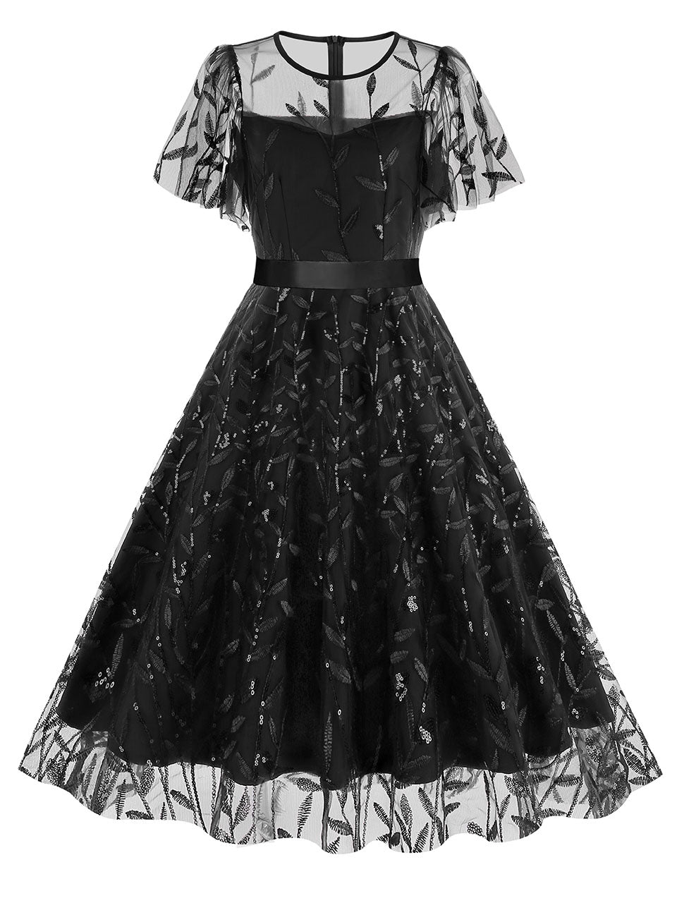 Baby Grey Semi Mesh Leaf Sequins Embroidered Short Sleeve 1950S Swing Dress