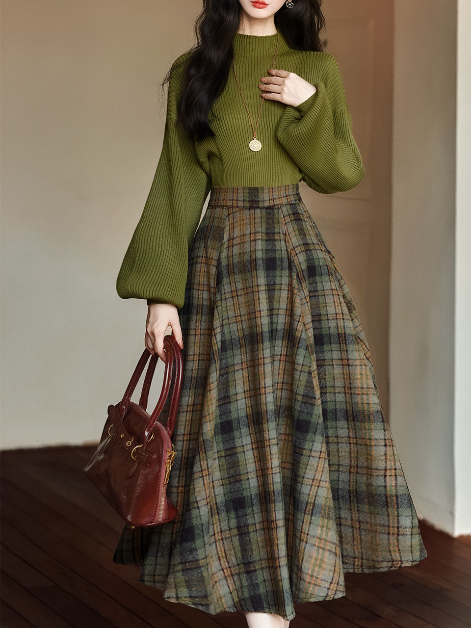 2PS Green Sweater And Plaid Swing Skirt 1950S Vintage Audrey Hepburn's Style Outfits