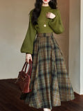 2PS Green Sweater And Plaid Swing Skirt 1950S Vintage Audrey Hepburn's Style Outfits