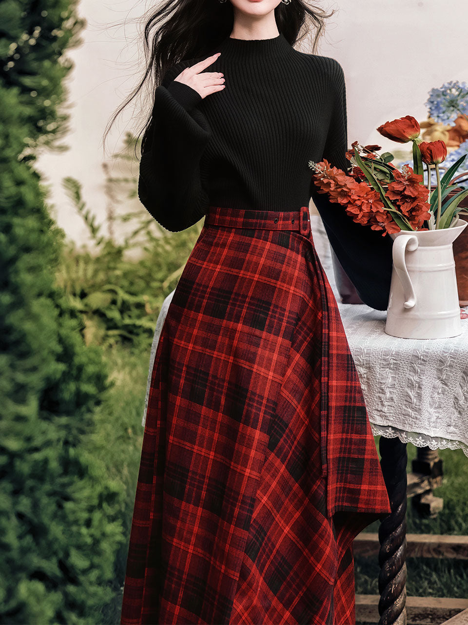 2PS Black Sweater And Red Plaid Swing Skirt 1950S Vintage Audrey Hepburn's Style Outfits