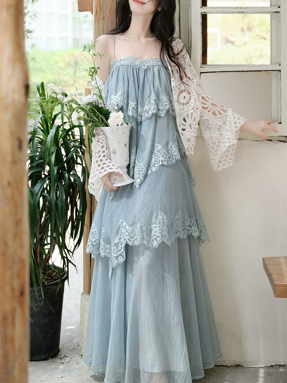 Blue Lace Spaghetti Strap Irregular Tiered Maxi Dress