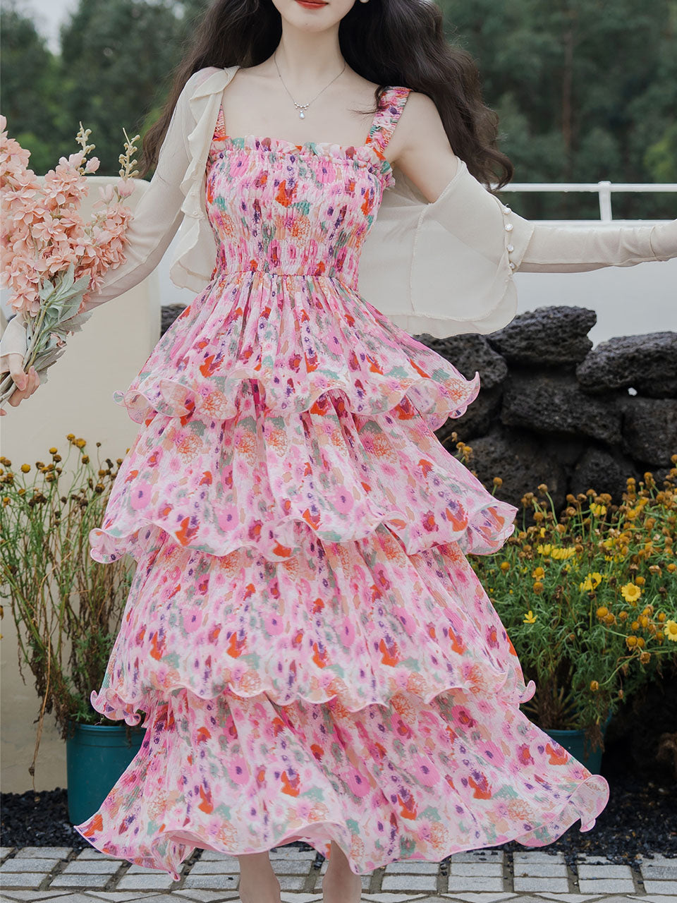 2PS Pink Floral Print Ruffles Strap Dress