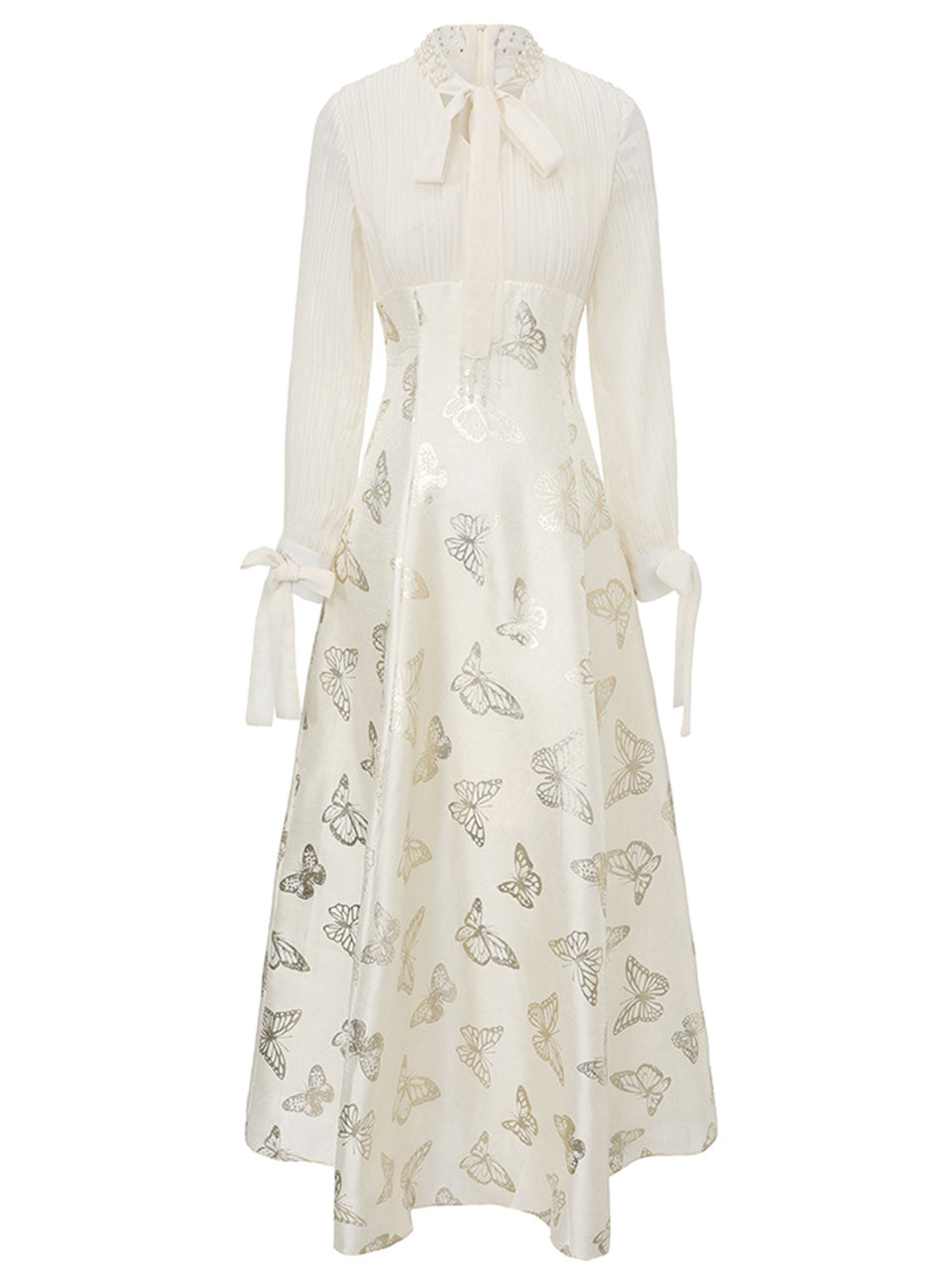 Gold Foil Butterfly Print Chiffon Blue Maxi Dress