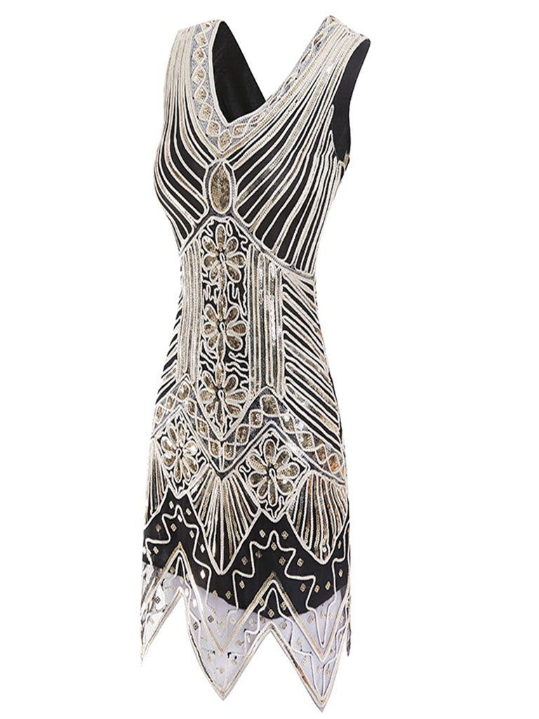 Gold 1920s V Neck Sequined Flapper Dress