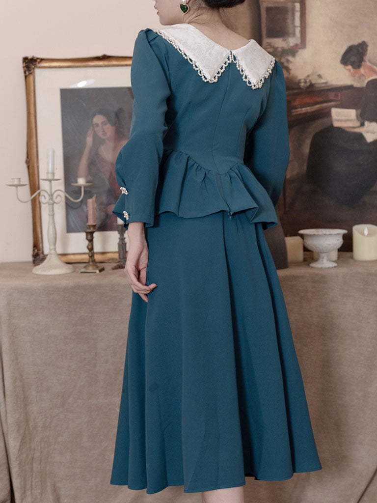 Lake Blue 1950S Long Sleeve Vintage Skirt Suits For Women