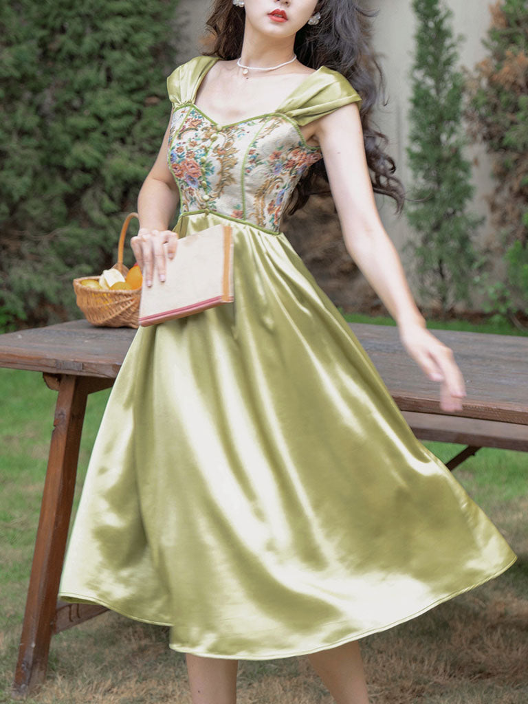 Green Rose Floral Off Shoulder 1950S Vintage Dress