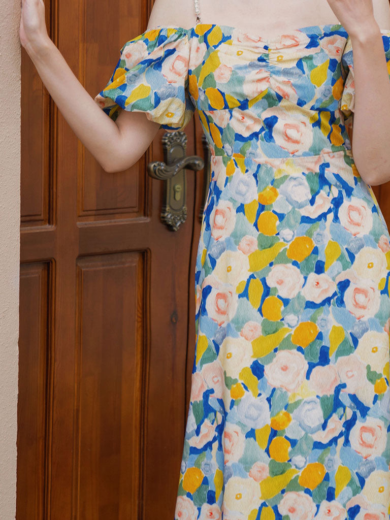 Yellow And Blue Floral Print Off Shoulder 1950S Dress