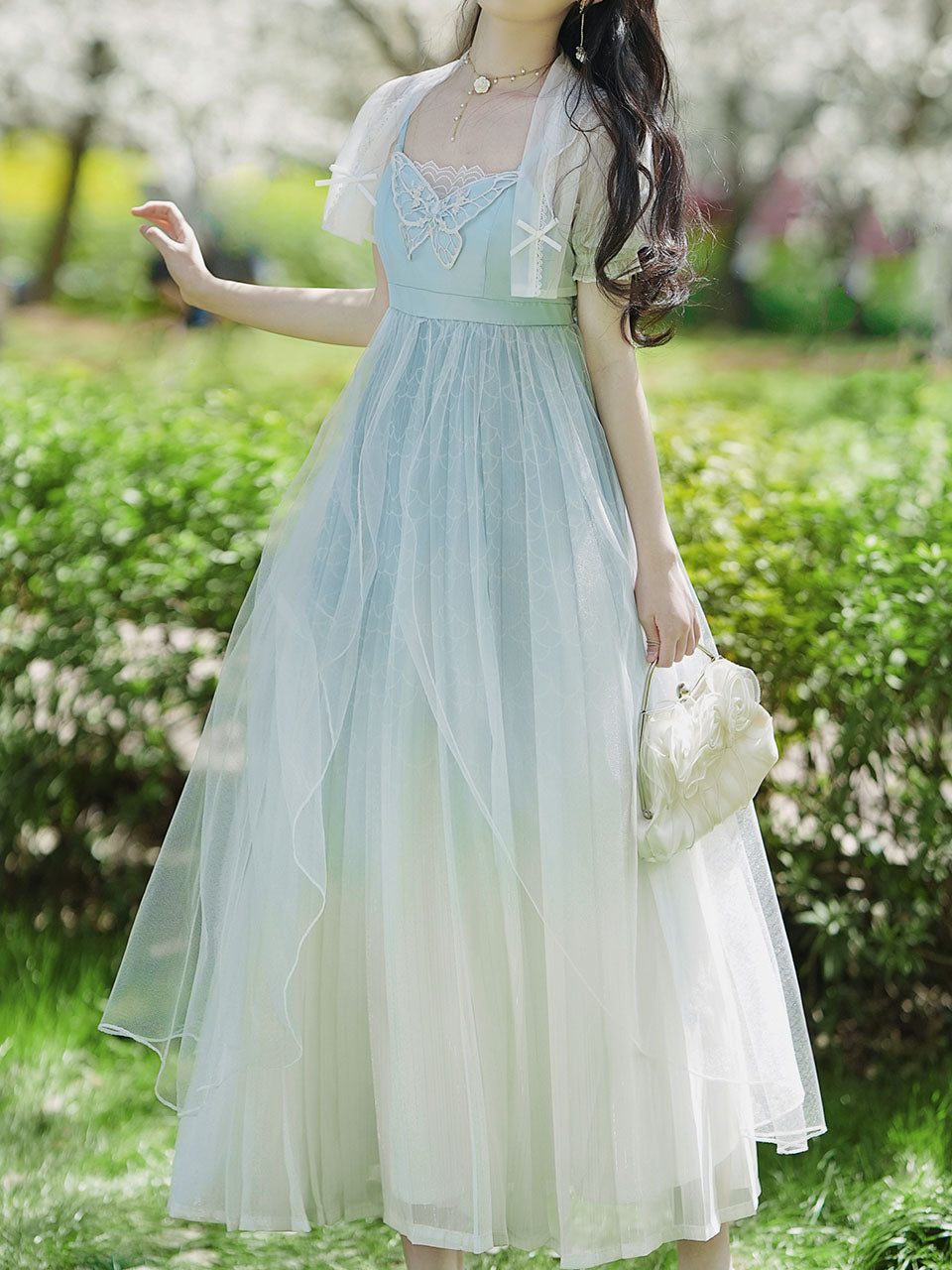 2PS Baby Blue Embroidered Butterfly Vintage Dress