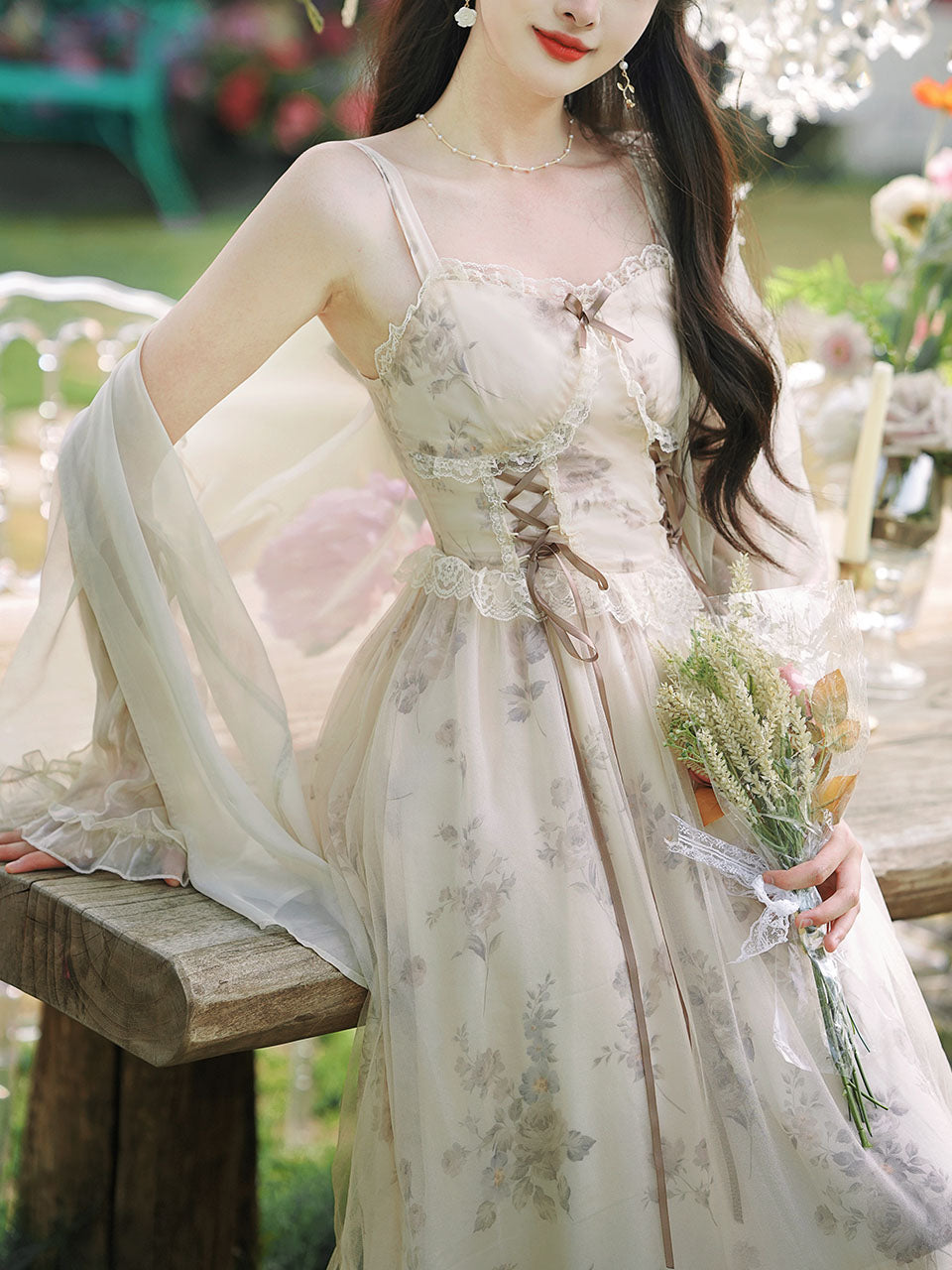2PS Apricot Floral Print Ruffles Spaghetti Strap Princess Dress