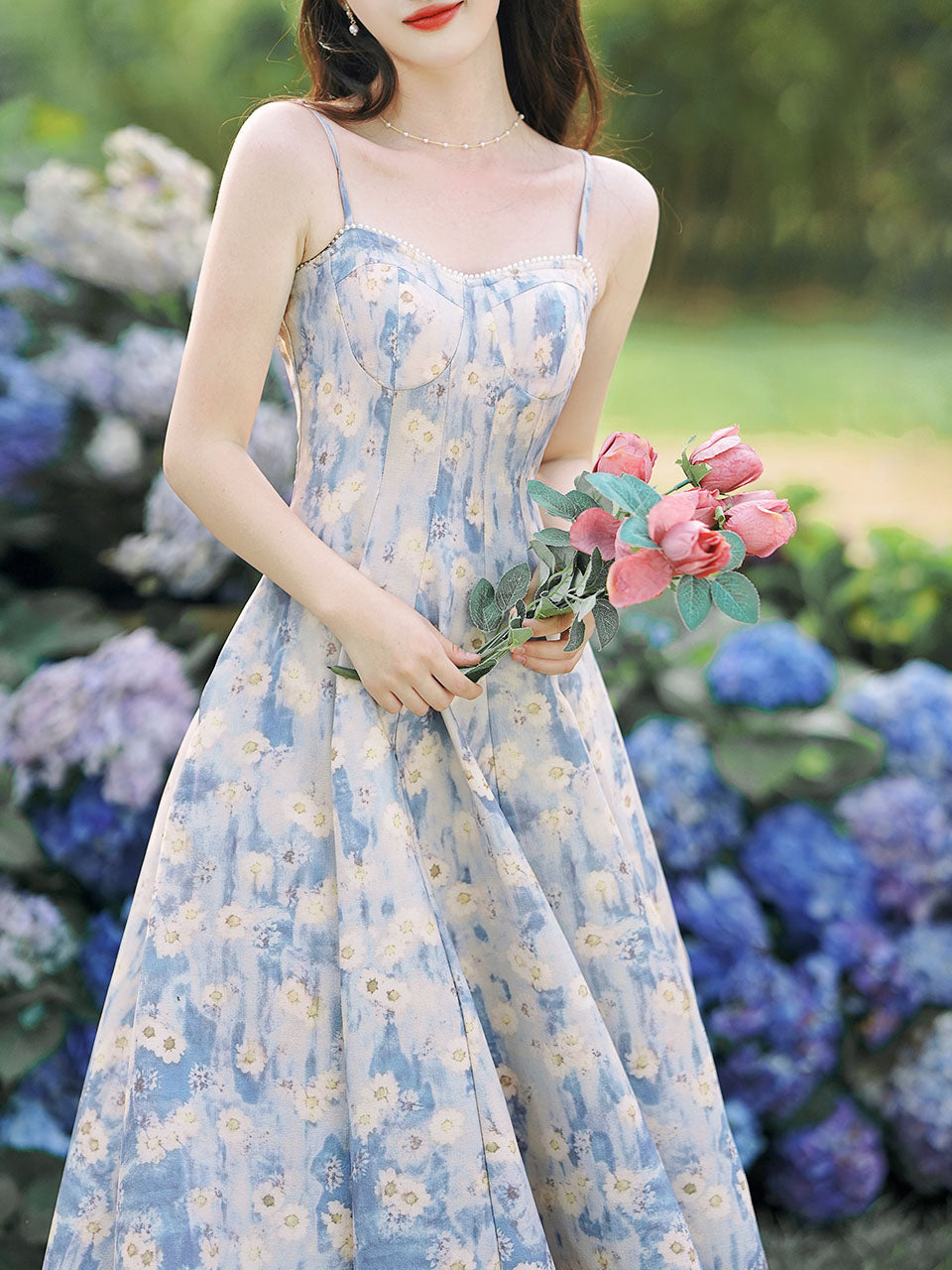 2PS Blue Daisy Floral Print Spaghetti Strap Dress