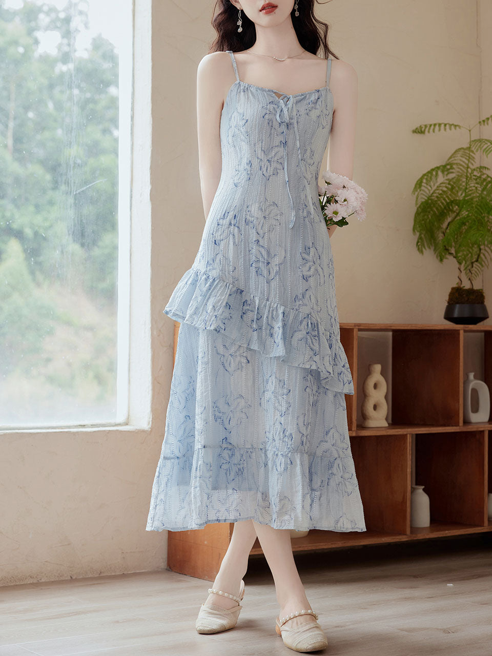 2PS Blue Floral Print Spaghetti Strap Dress