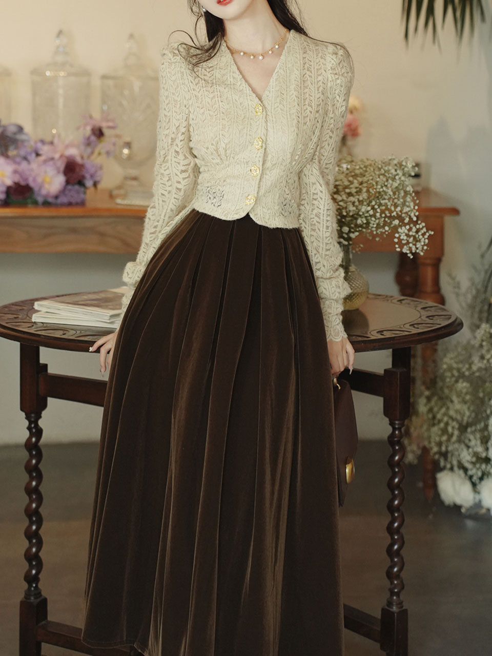 White Lace V Neck Top and Brown Velvet Swing Skirt Dress Set