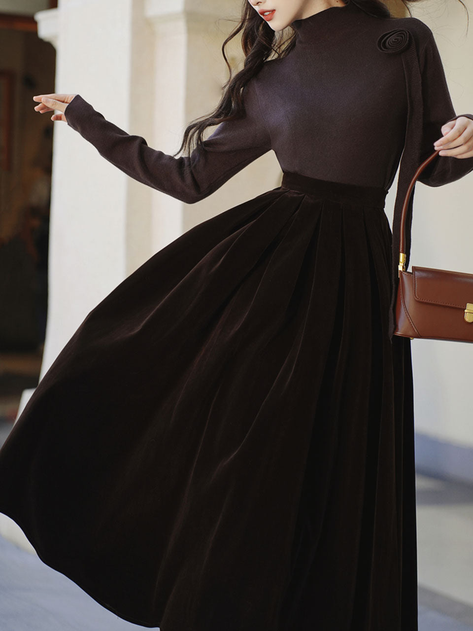 Brown Flower Turtleneck Sweater and Velvet Swing Skirt Dress Set