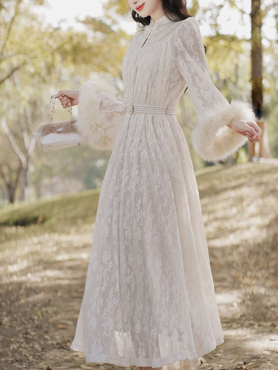 Apricot Lace Fur Sleeve 1950S Vintage Dress