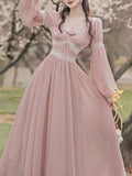 Pink Rose Girl Retro Lace V-neck Chiffon Long Lantern Sleeve Coquette Dress