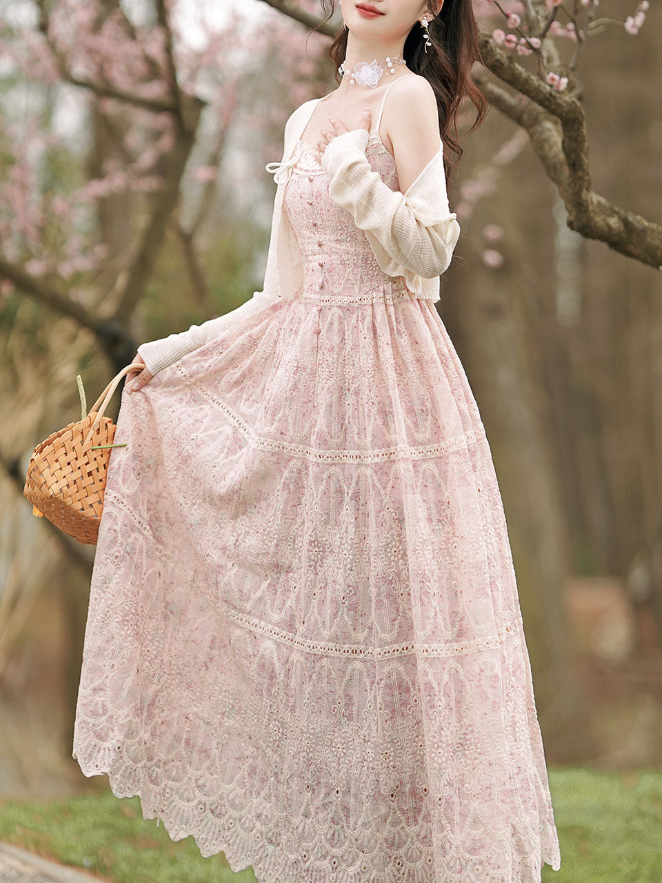 2PS Pink Embroidered lace Spaghetti Strap Dress