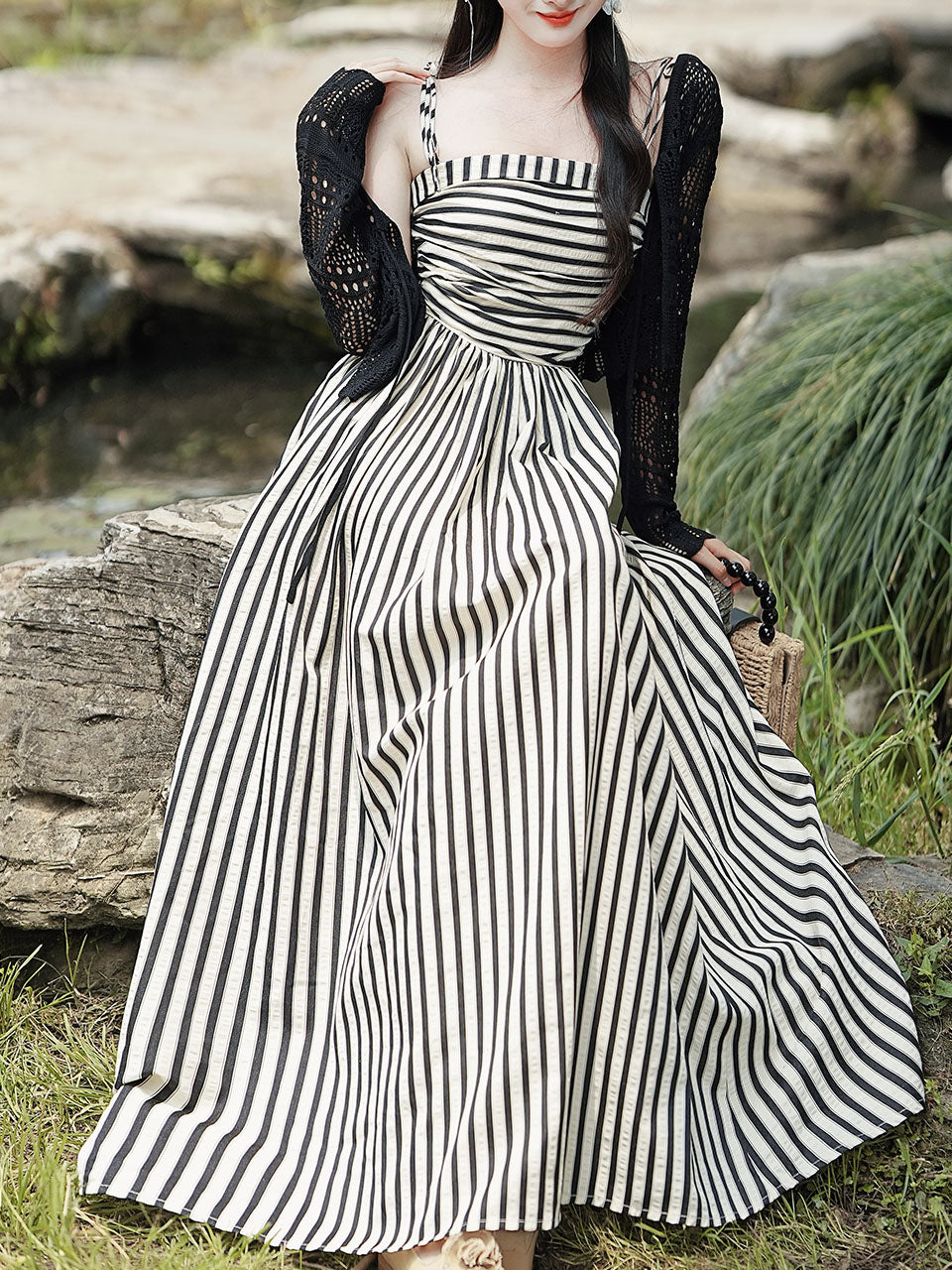 1950S Taylor Swift Same Style Black and White Stripe Swing Dress